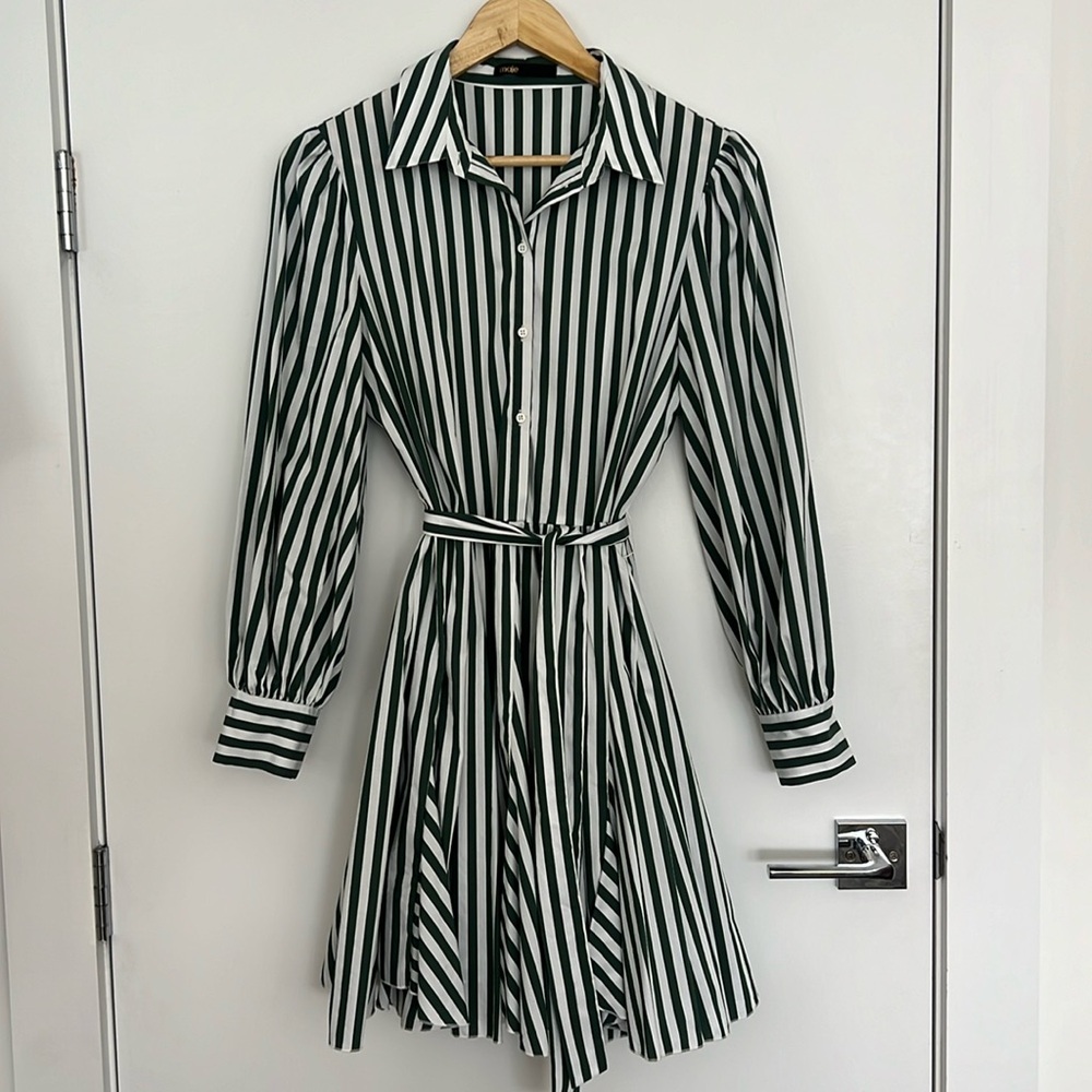 MAJE size 4 dress. Collar, long sleeve mini dress with waist-belt.
